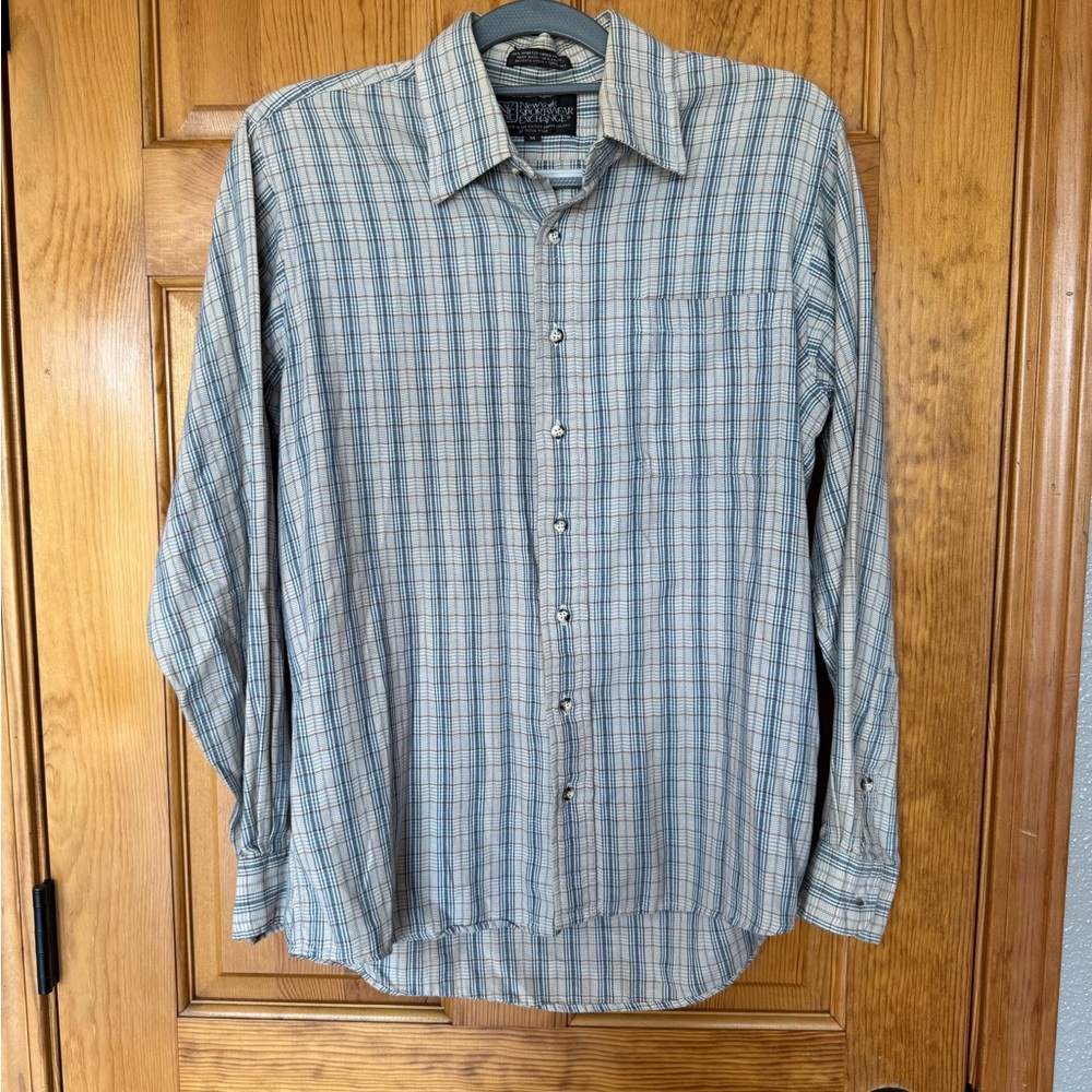 Vintage New York Sportswear Exchange Tan and Blue Checkered Shirt size Medium
